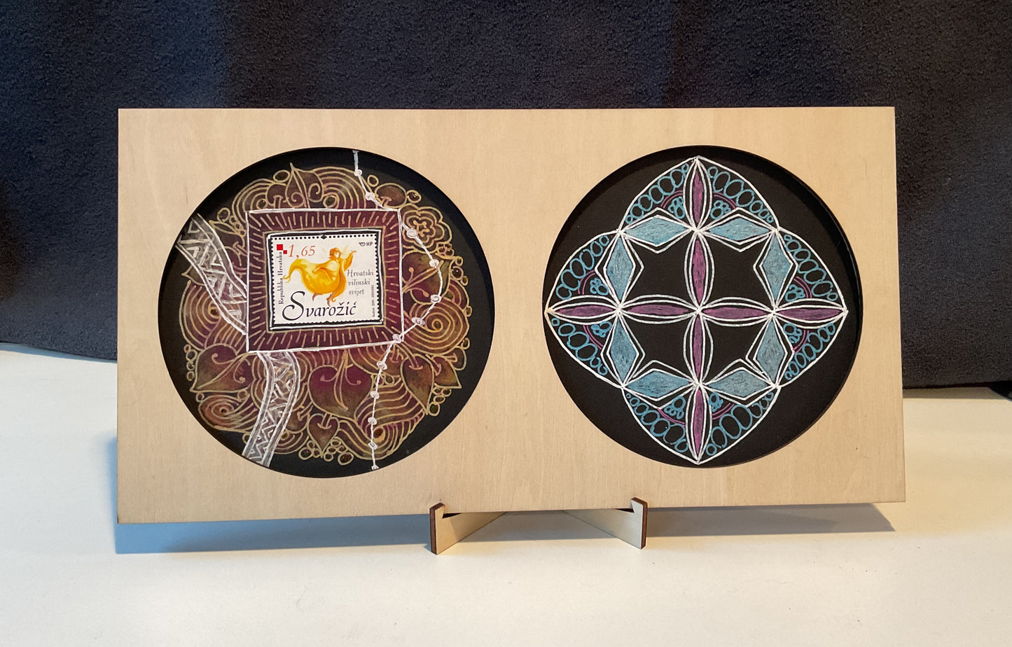 Handmade Zentangle® Zendala Duo Frame – 10⅝" Wood Display for Two 4.5" Round Tiles
