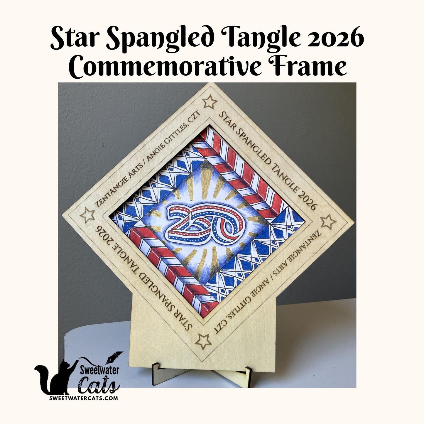 Commemorative 4th of July 2026 Star-Spangled Tangle Class - Engraved, Handmade Zentangle® Apprentice Frame Diagonal – 1 Tile Display