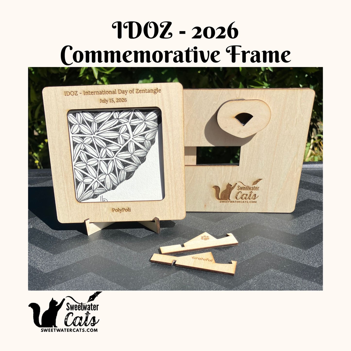 Commemorative IDOZ 2026 International Day of Zentangle - Engraved, Handmade Zentangle® Square Frame – 1 Tile Display