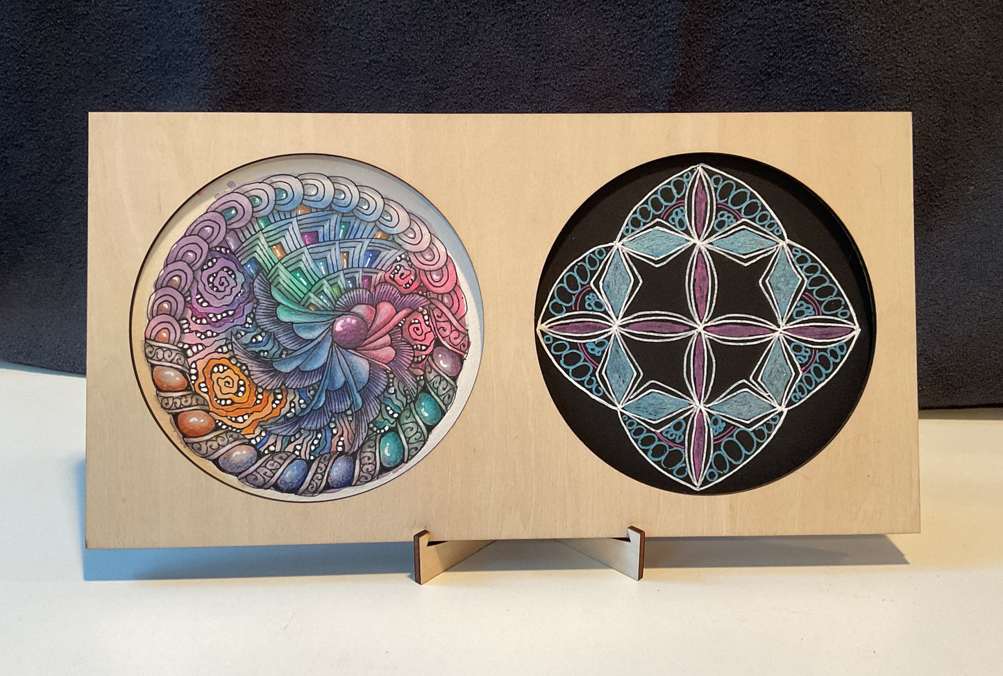 Handmade Zentangle® Zendala Duo Frame – 10⅝" Wood Display for Two 4.5" Round Tiles