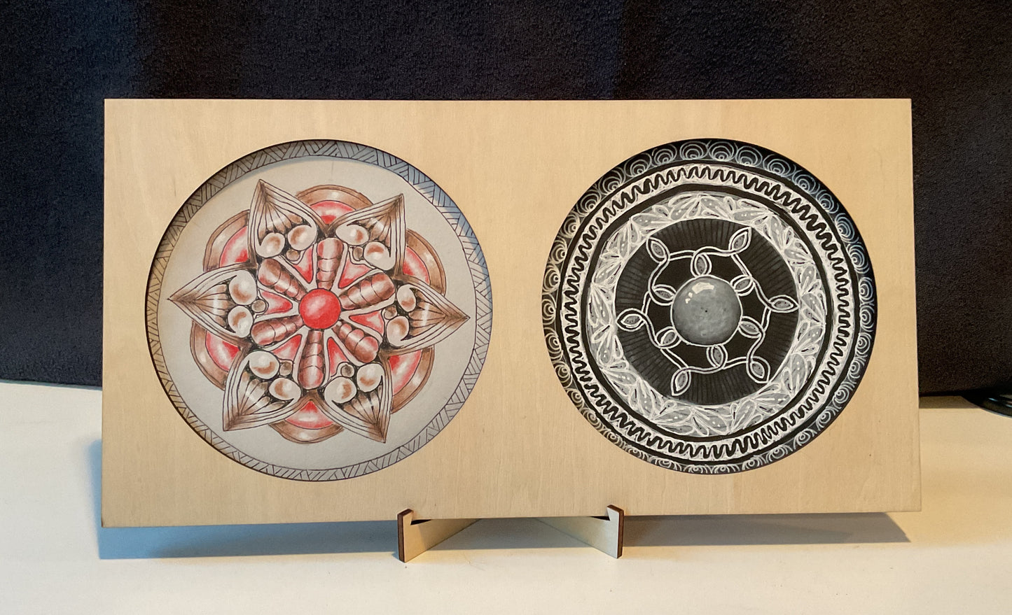 Handmade Zentangle® Zendala Duo Frame – 10⅝" Wood Display for Two 4.5" Round Tiles