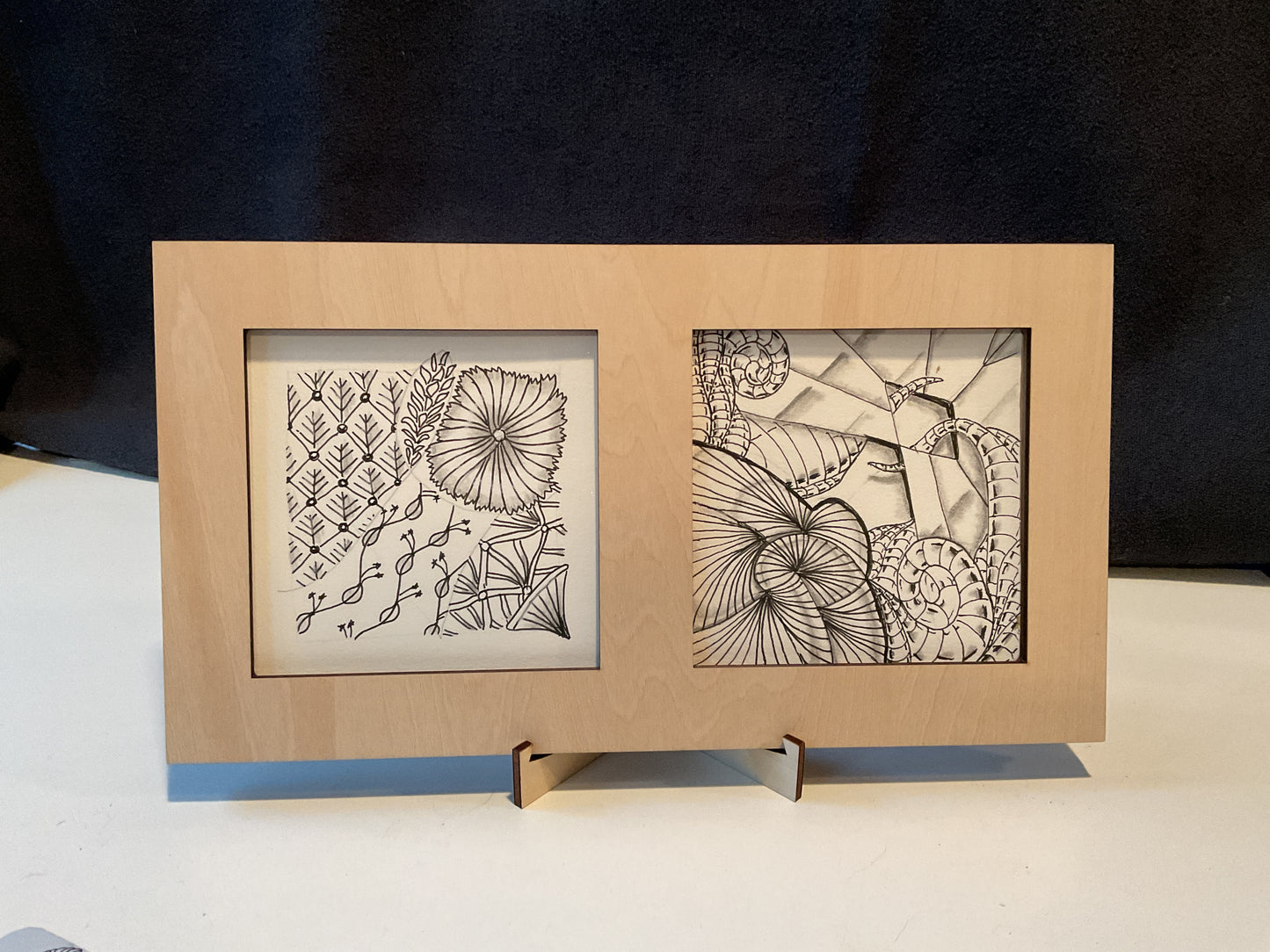 Handmade Zentangle® Square Duo Frame – 9.5" Wood Display for Two 3.5" Tiles