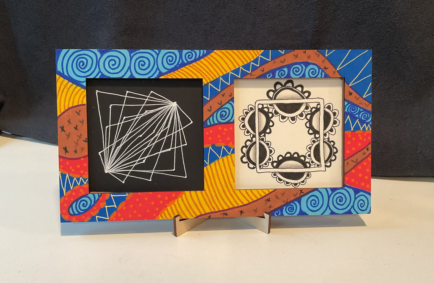Handmade Zentangle® Square Duo Frame – 9.5" Wood Display for Two 3.5" Tiles