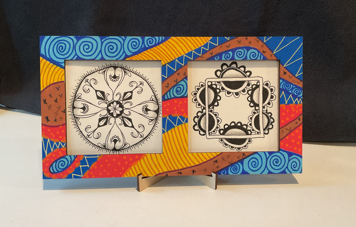 Handmade Zentangle® Square Duo Frame – 9.5" Wood Display for Two 3.5" Tiles