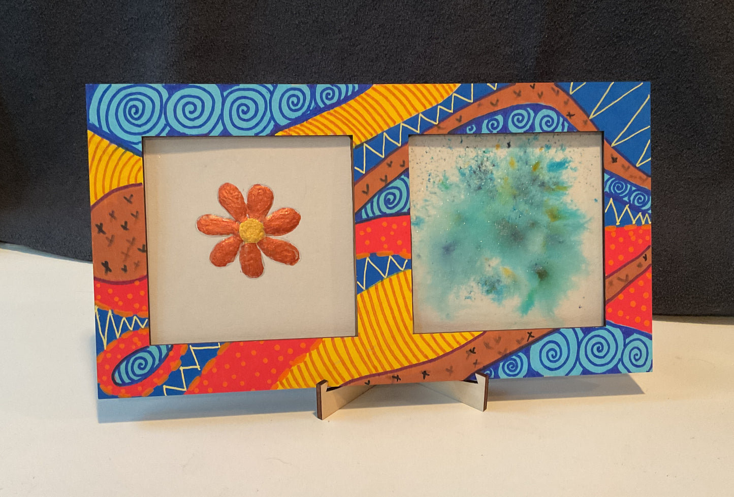 Handmade Zentangle® Square Duo Frame – 9.5" Wood Display for Two 3.5" Tiles